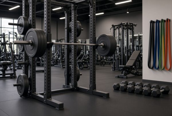 Commercial gym Rogue-style power rack with barbell set up for returning to lifting after a break