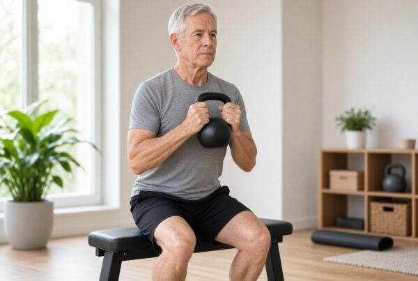 Older adult performing a controlled sit-to-stand exercise while holding a kettlebell to build strength and maintain everyday function.